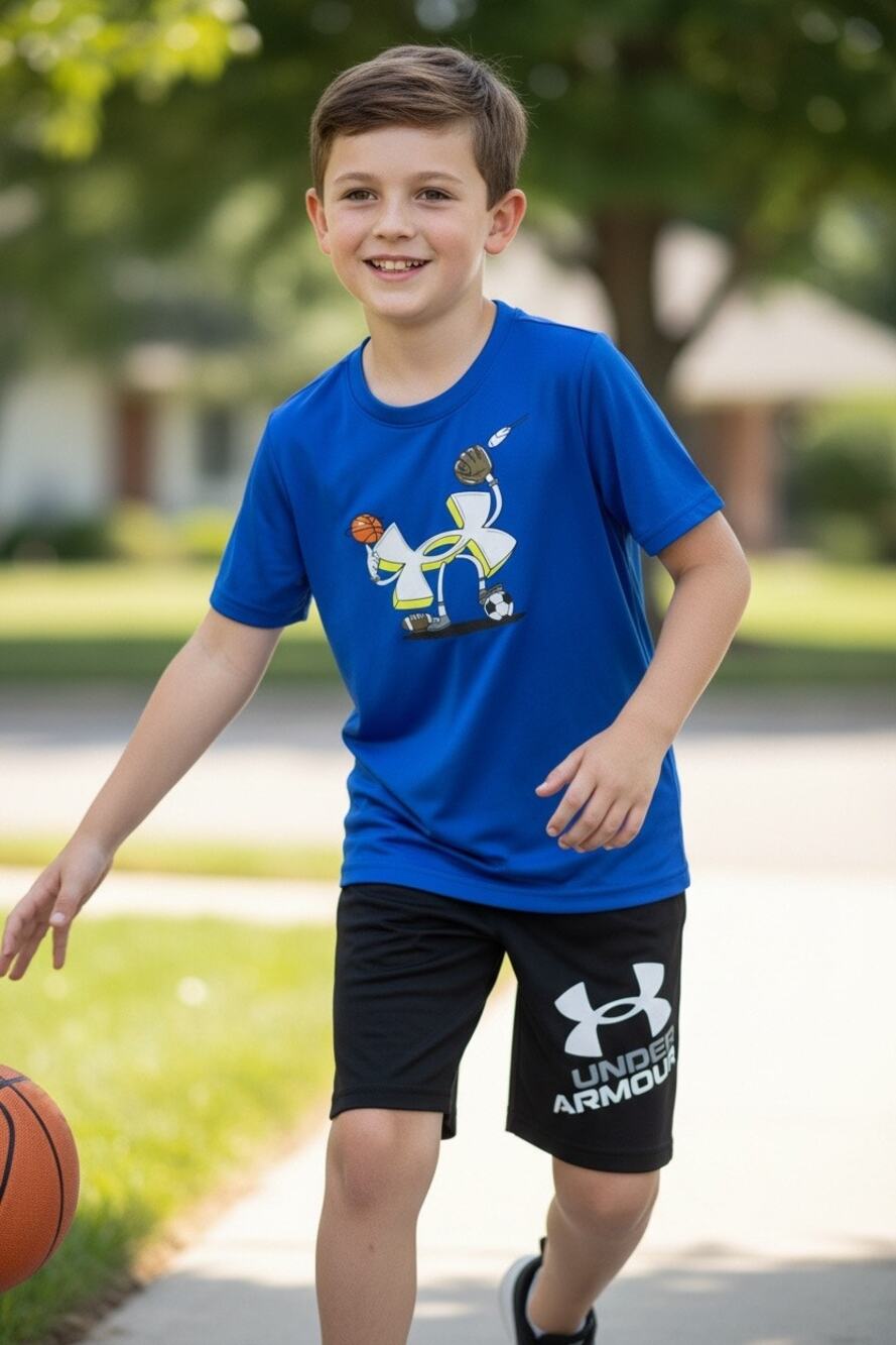 Under Armour Boys Athletic Outfit Set Blue Sports Logo Shirt Black Shorts Sz 7